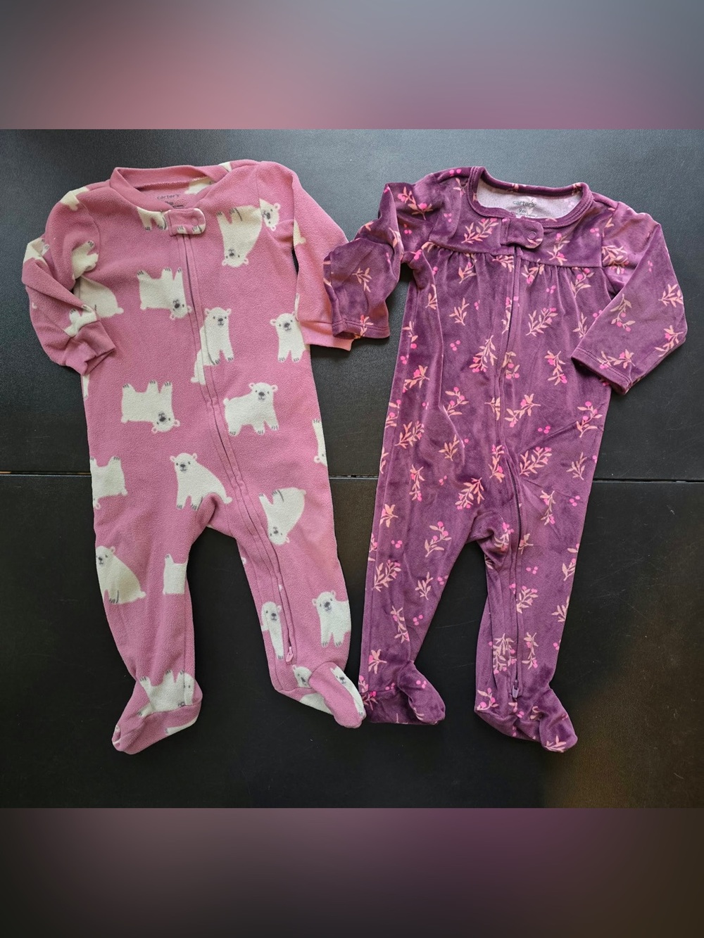 Carter's Pink & Purple Polar Bear and Floral Footed One-Piece Set